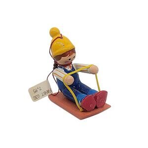 RARE Vintage Kathe Wohlfahrt Little Girl Pigtails On Snow Sled Figurine VHTF